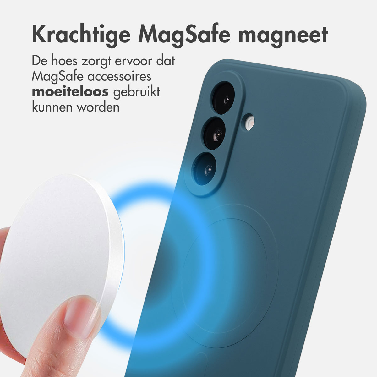 Un étui de téléphone bleu avec un aimant MagSafe à côté d'un disque blanc. Une lumière bleue indique la connexion magnétique.