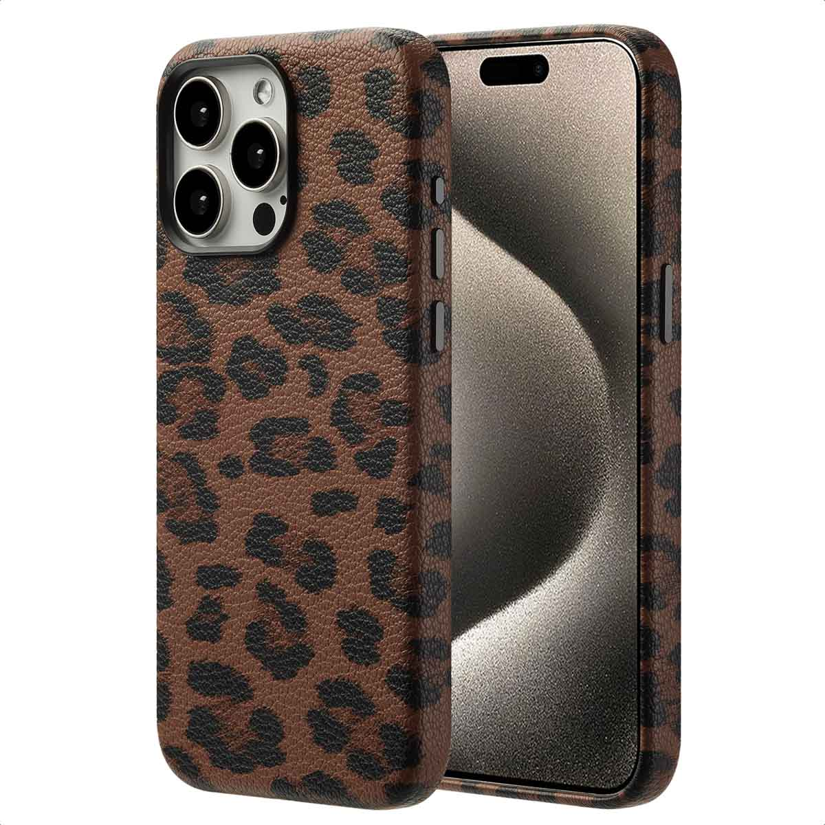 Un téléphone dans un étui à imprimé léopard. L'étui est marron avec des taches noires. L'écran est visible.