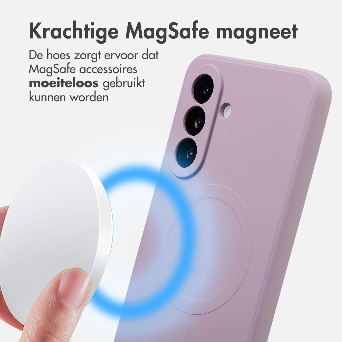Een telefoonhoesje en een wit rond accessoire zijn dicht bij elkaar. Een blauwe gloed suggereert magnetische aantrekkingskracht.