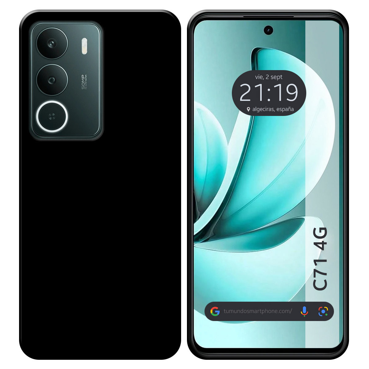Uno smartphone che mostra ora e data sullo schermo. Il telefono ha una cover posteriore nera. Lo schermo mostra un design astratto azzurro.
