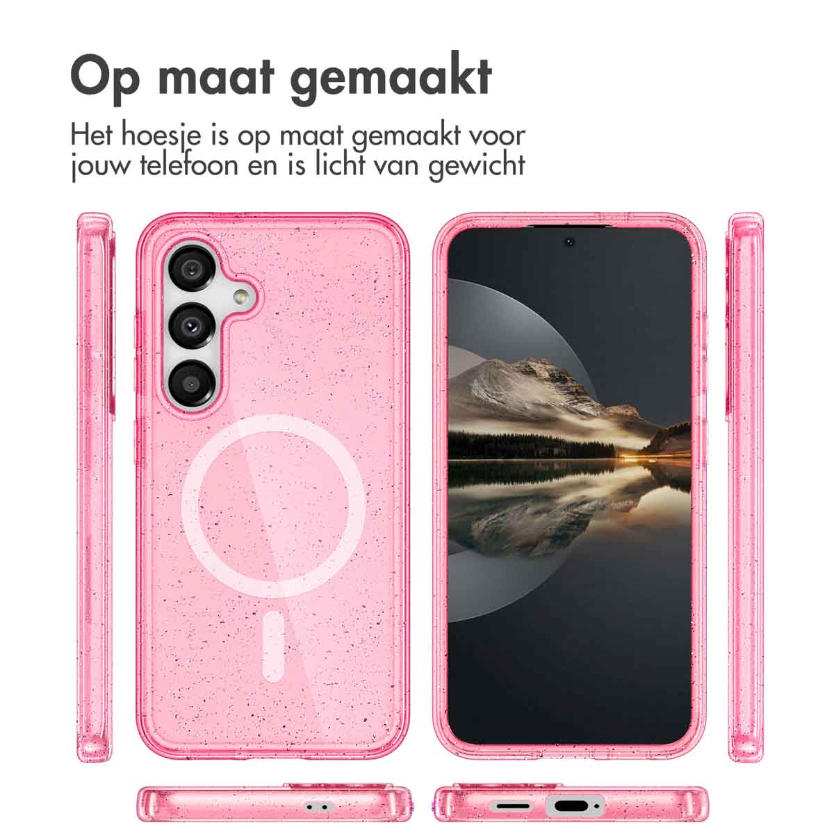 Roze telefoonhoesje met telefoon erin. De hoes is transparant met glitter. Tekst: 'Op maat gemaakt'.