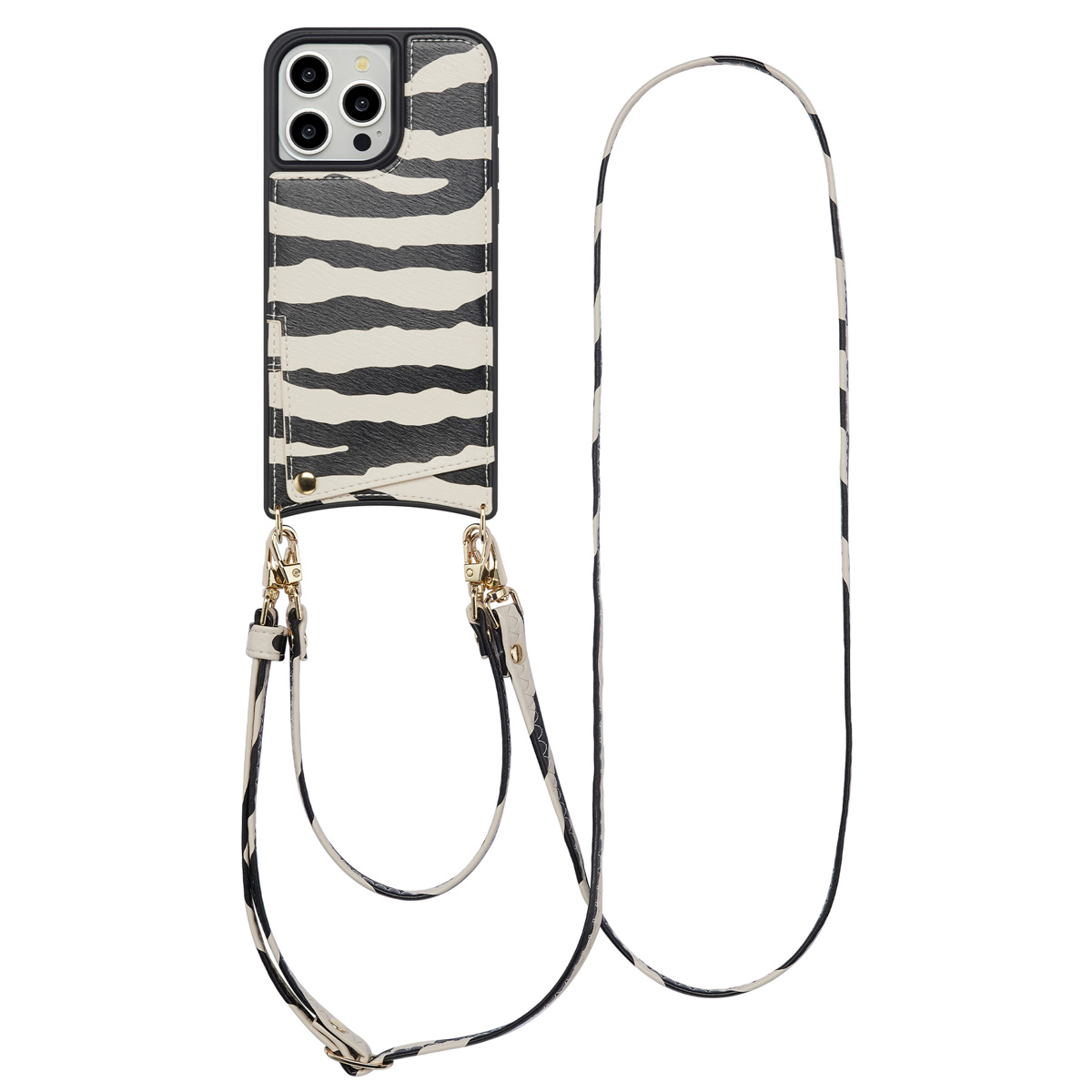 Een telefoonhoesje met zebraprint, zwart en wit. Het heeft een riempje. De hoes hangt met het riempje op een witte achtergrond.