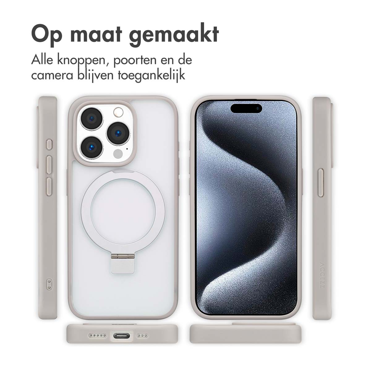Een telefoonhoesje met een telefoon erin. De hoes is lichtgrijs. Het scherm toont een grijs golfpatroon. Tekst in het Nederlands is zichtbaar.