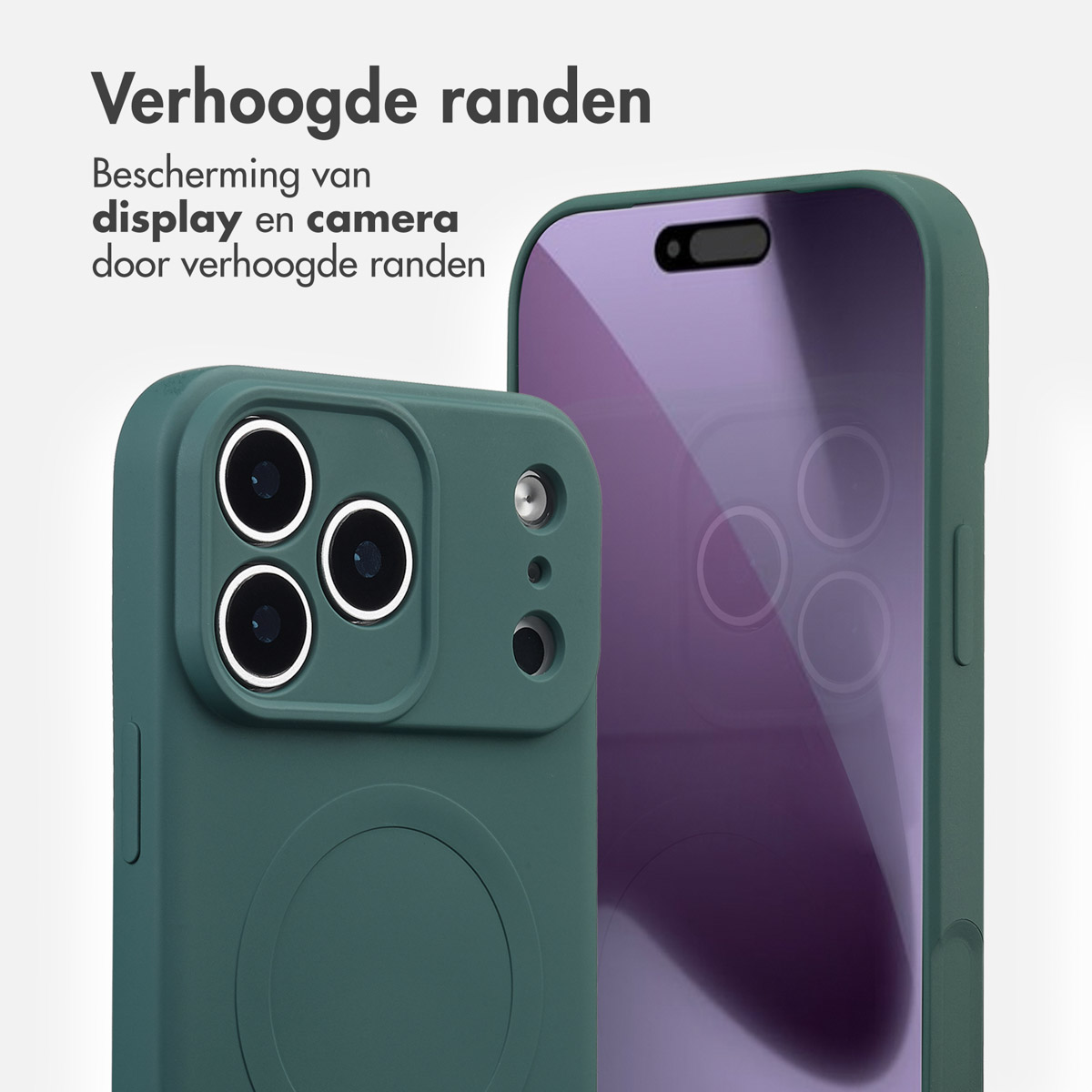 Groene telefoonhoes met verhoogde randen. Beschermt het scherm en de camera. Achter, een andere telefoon met paars scherm.