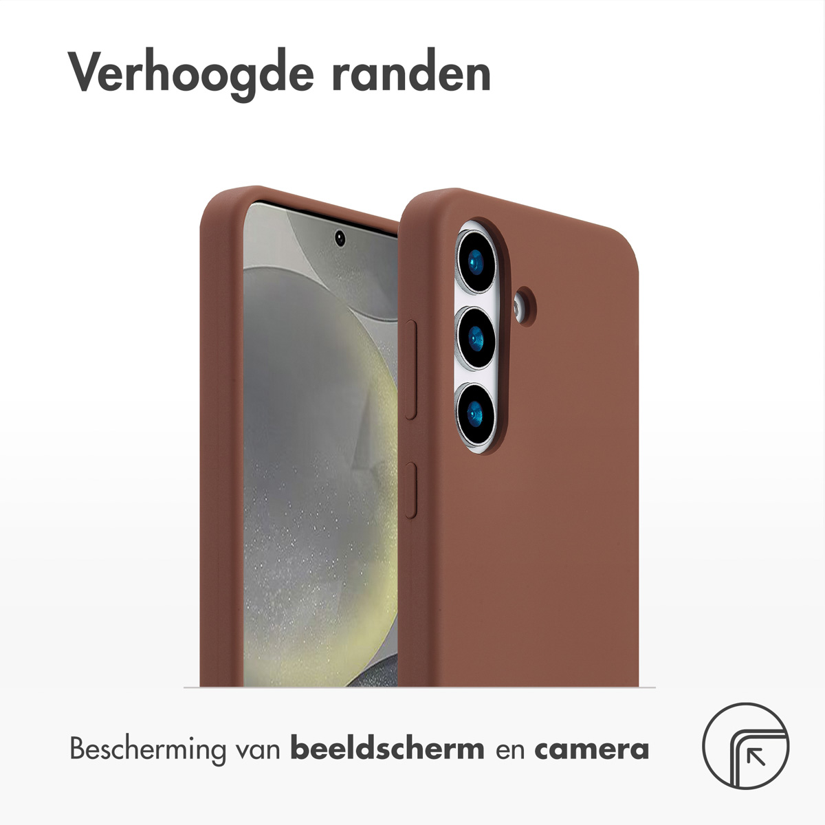 Eine braune Handyhülle, die den Bildschirm und den Kameraschutz zeigt. Text sagt 'Erhöhte Kanten' und 'Bildschirm- und Kameraschutz'.