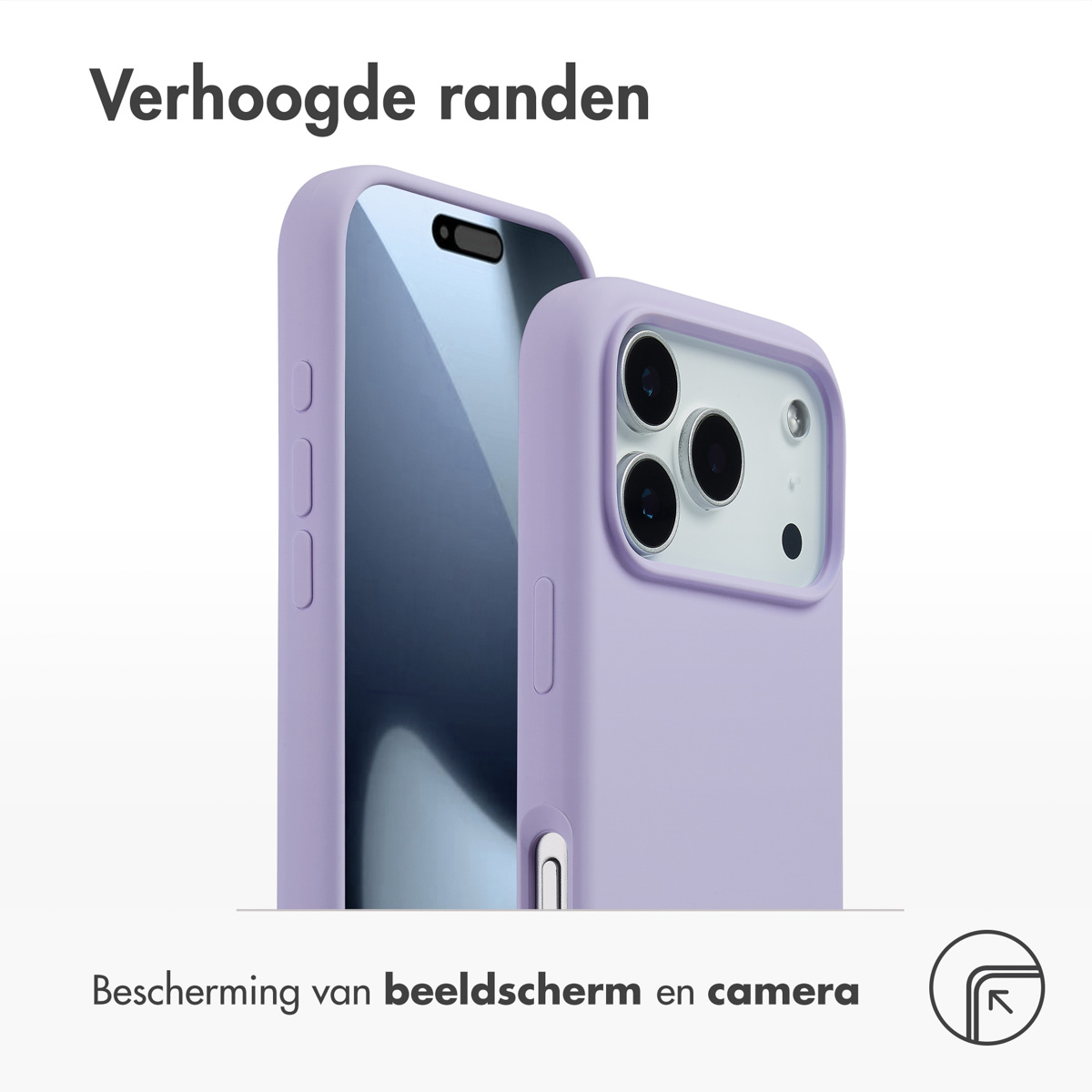 Deux coques de téléphone violettes. Une avec écran, l'autre montrant la caméra. Texte : 'Bords surélevés' et 'Protection écran et caméra'.