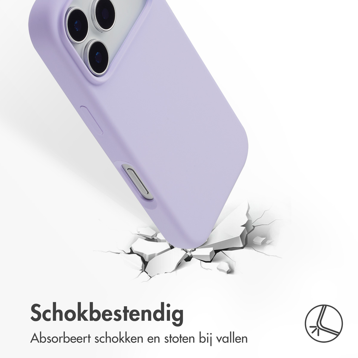 Un étui de téléphone lavande tombe, fissurant la surface blanche en dessous. L'étui a des lentilles de caméra et un bouton latéral.