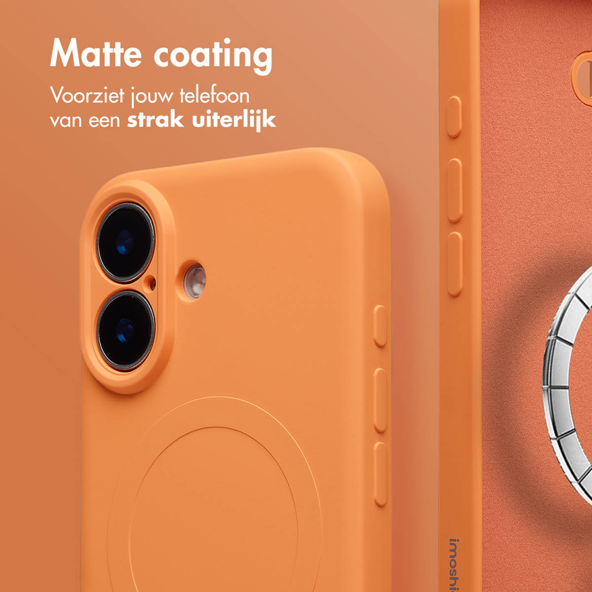 Gros plan sur une coque de téléphone orange avec découpes pour l'appareil photo et boutons. Le texte du haut dit 'Matte coating'.