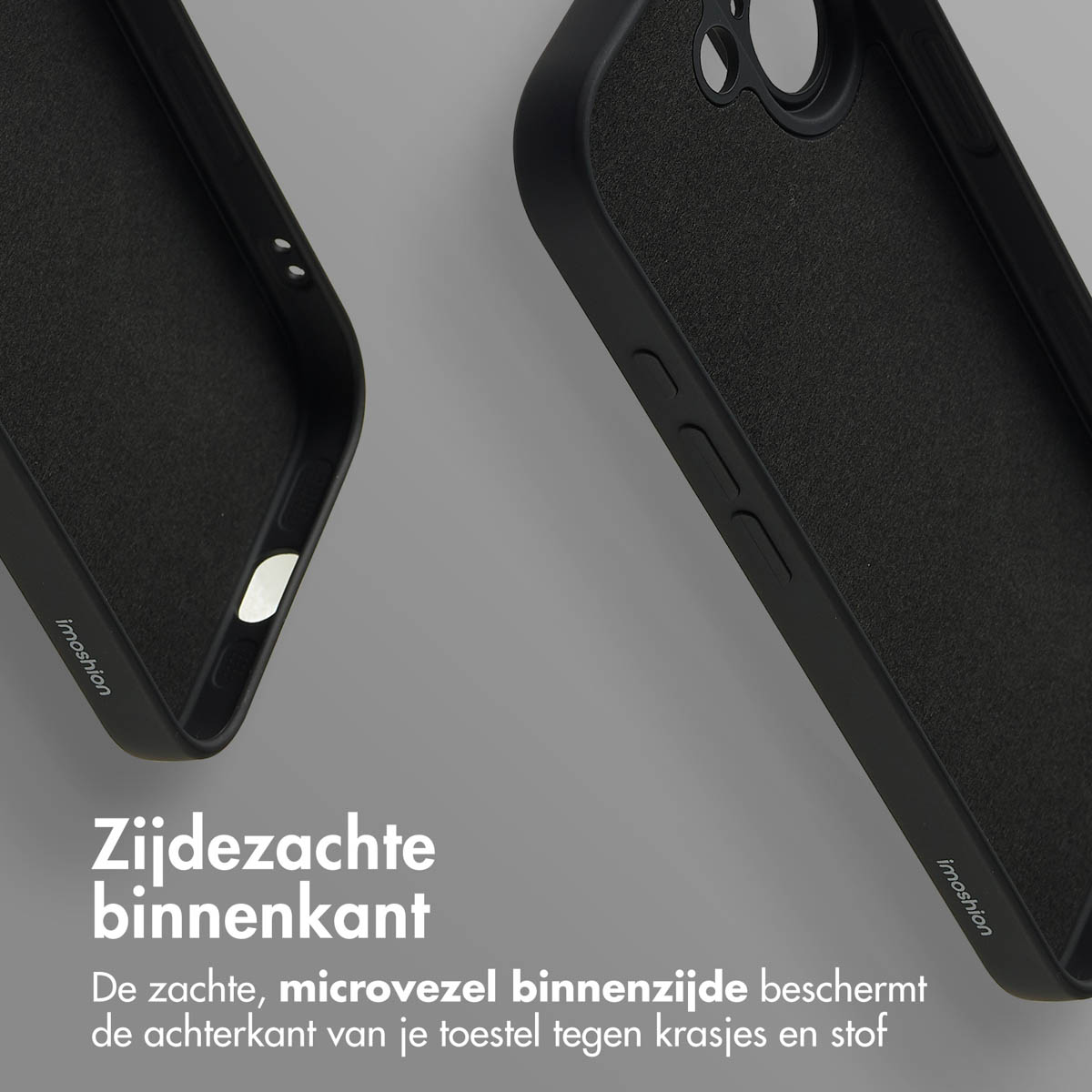 Deux coques de téléphone noires, marque imoshion, montrant l'intérieur doux en microfibre. Texte néerlandais décrivant les fonctions de protection.