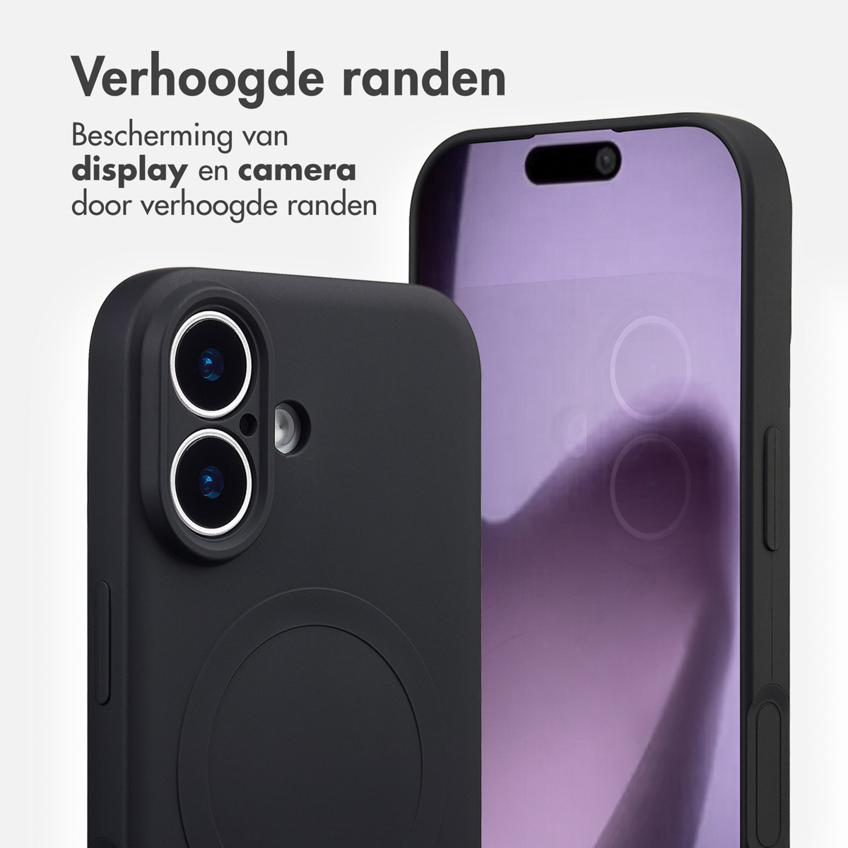 Deux coques de téléphone noires. L'une montre l'appareil photo, l'autre l'écran avec un reflet violet. Texte en néerlandais.