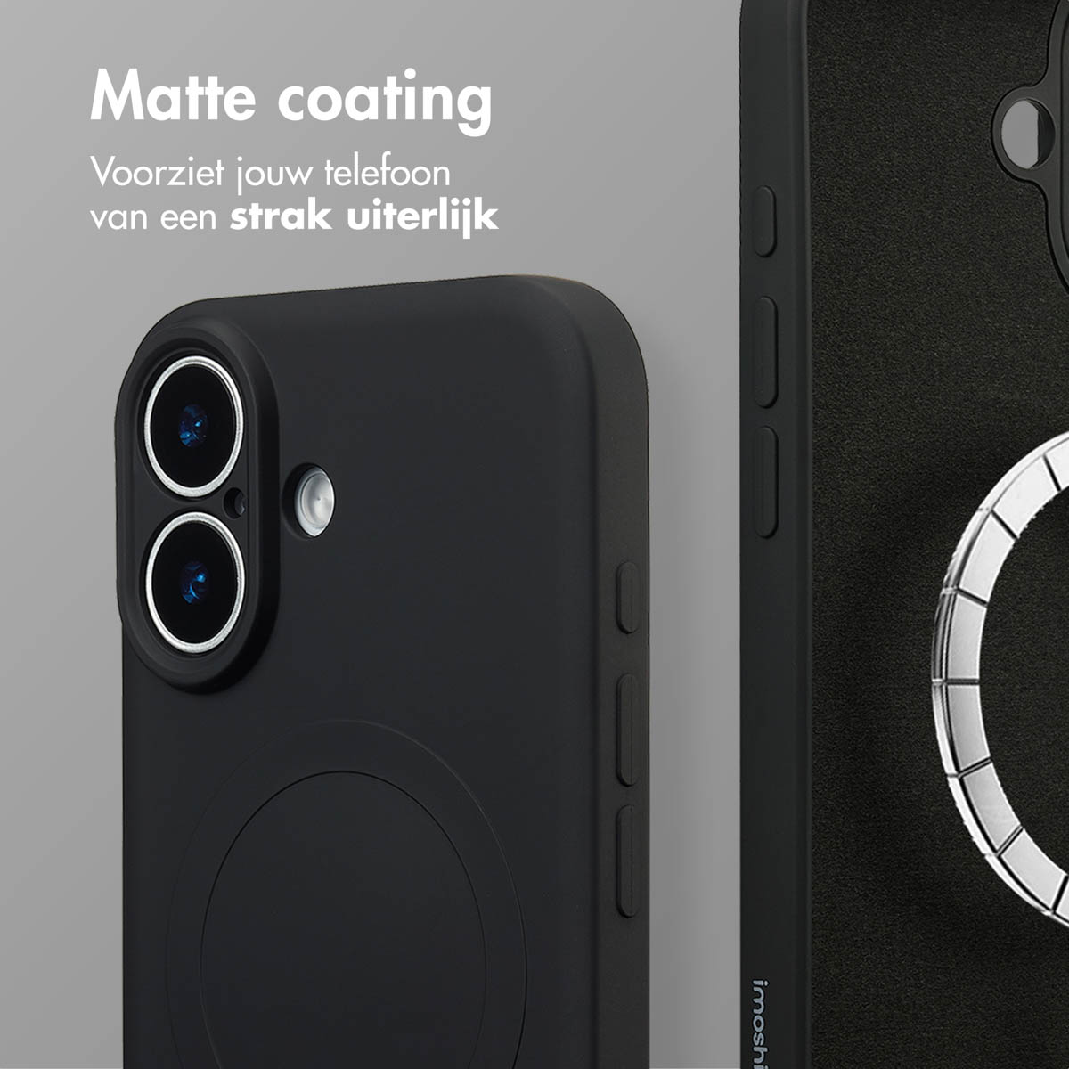 Coque de téléphone noire avec détails de caméra. La coque a une finition mate. Le texte dit 'Revêtement mat' et 'strak uiterlijk'.