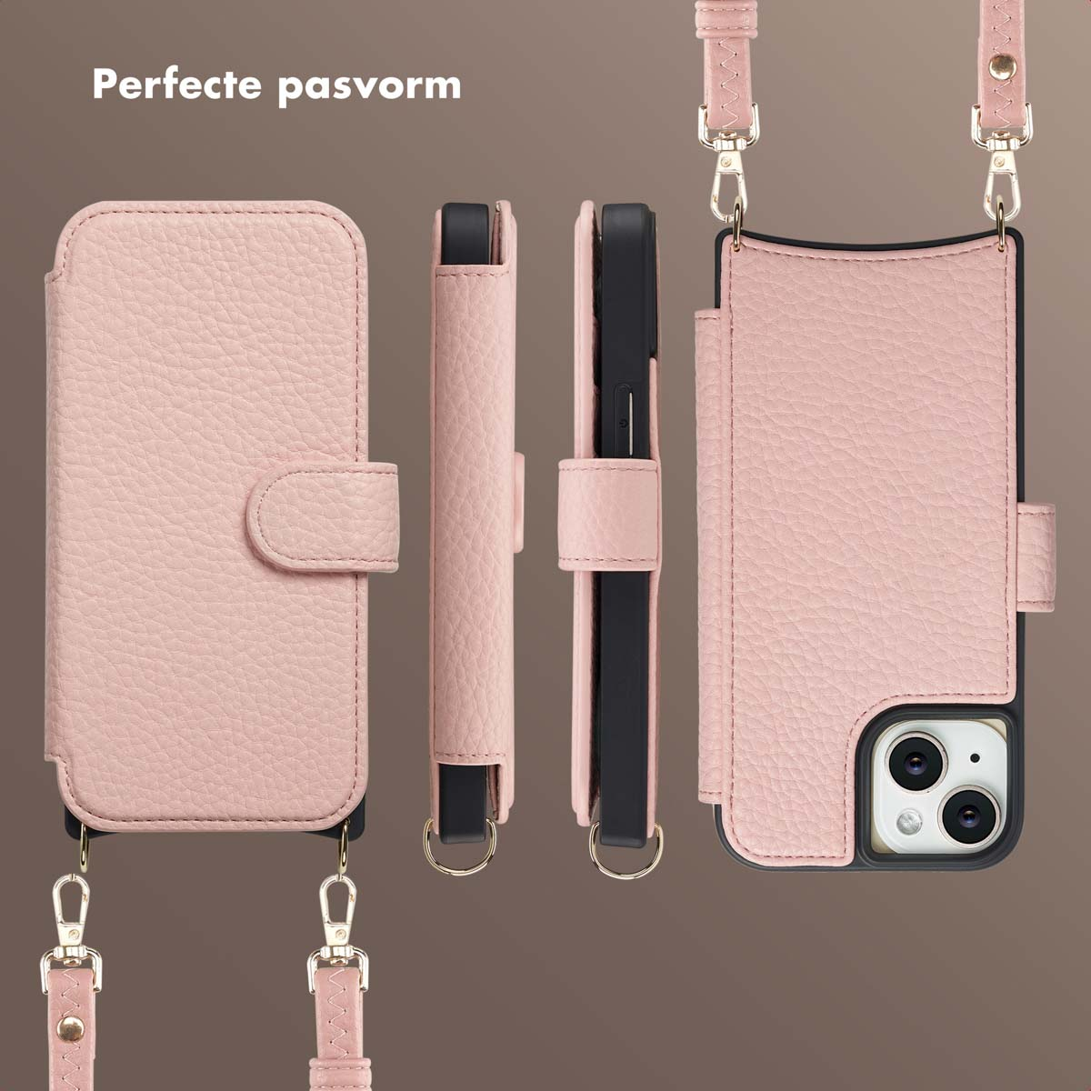Roze telefoonhoesje met band, weergegeven in meerdere hoeken. Inclusief portemonnee-ontwerp, met magnetische sluiting.