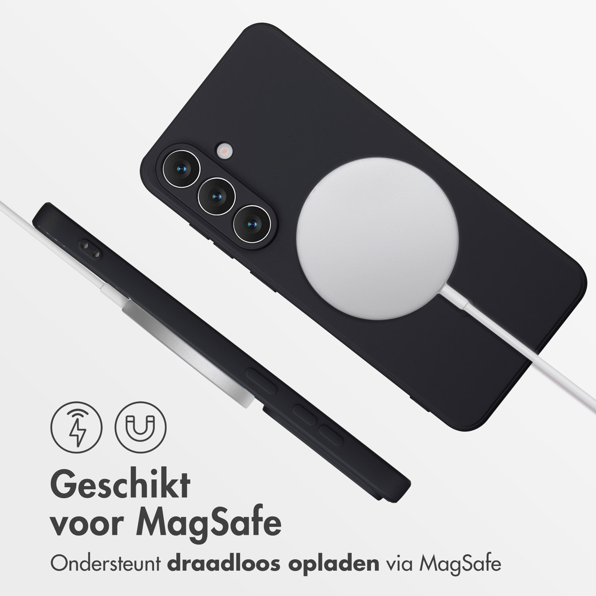 Téléphone noir avec un chargeur MagSafe blanc. Texte : 'Convient pour MagSafe' et 'Prend en charge le chargement sans fil via MagSafe'.