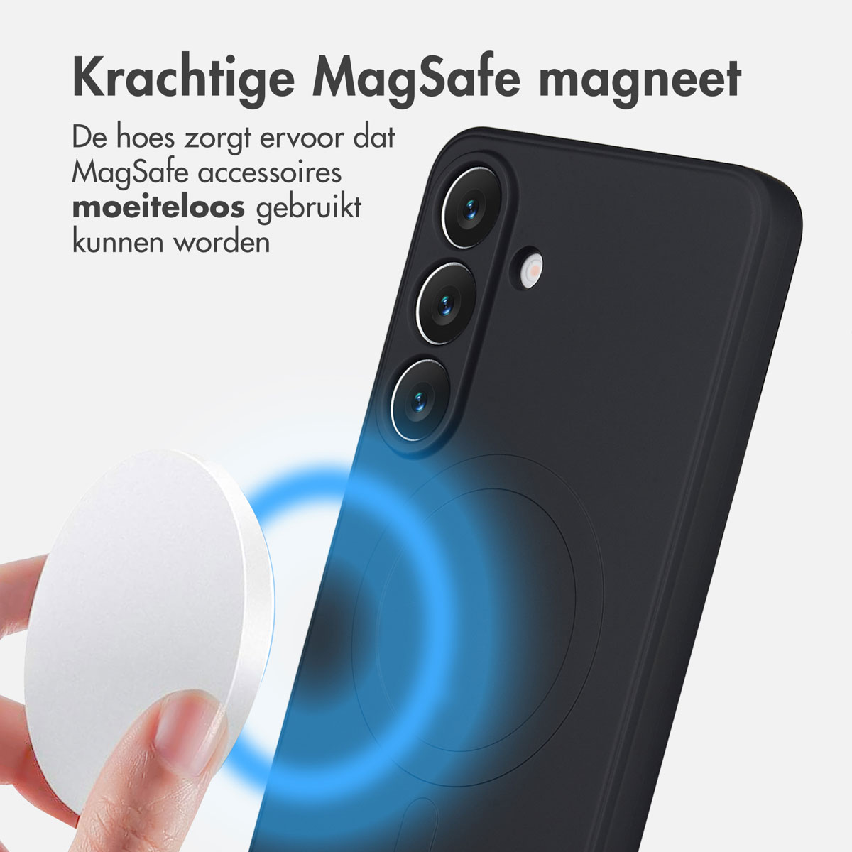 Un étui de téléphone noir et un disque magnétique blanc. Le disque est tenu près de l'étui, avec du texte au-dessus.