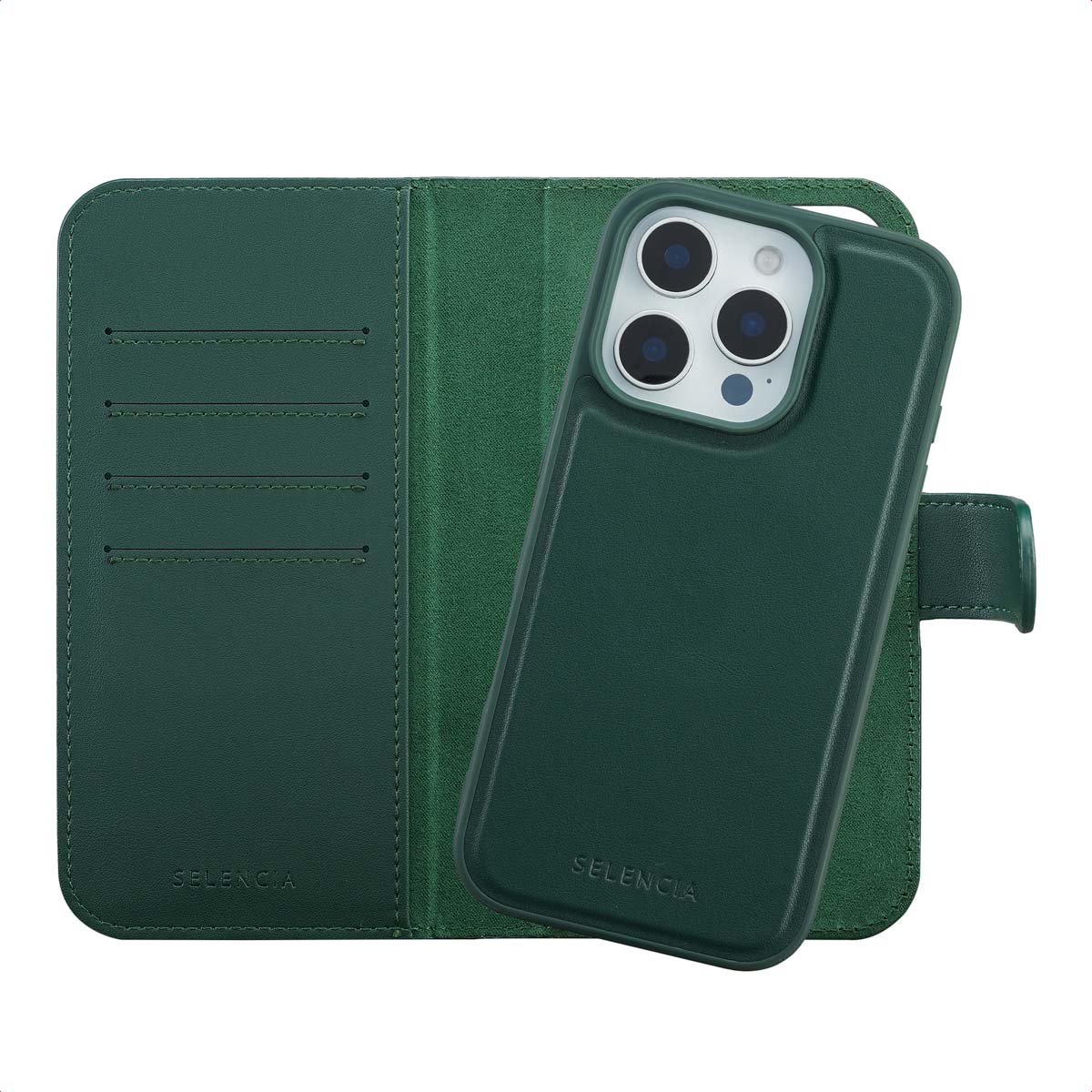 Een groene telefoonhoes met portemonnee-ontwerp. Het bevat een telefoon met meerdere camera's. De merknaam is zichtbaar.