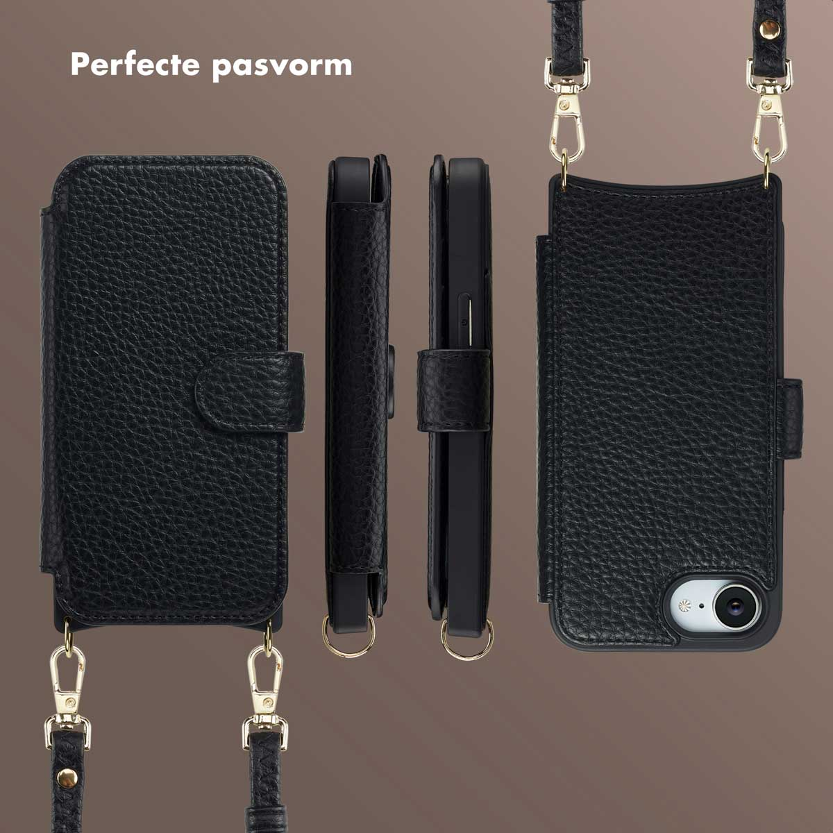 Custodie per telefono in pelle nera con cinturini, varie orientazioni, che mostrano design e funzionalità su sfondo marrone.