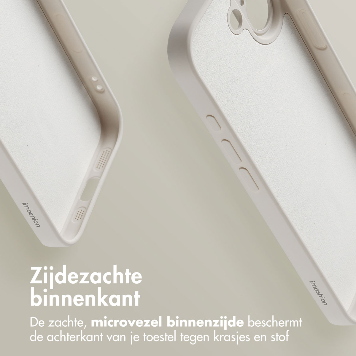 Twee crèmekleurige telefoonhoesjes. Eén toont de binnenkant met een zachte textuur. Het merk 'imoshion' is zichtbaar.