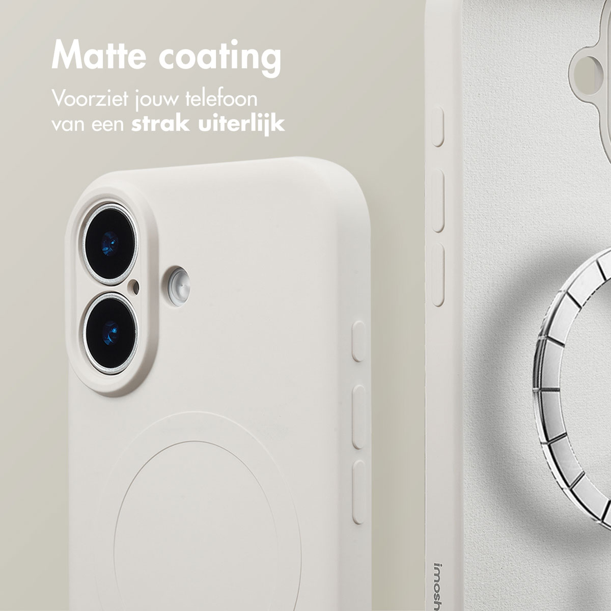 Een close-up van een witte telefoonhoes met matte coating. De hoes heeft een camera-uitsparing, knoppen en een ringhouder. Tekst overlapt.