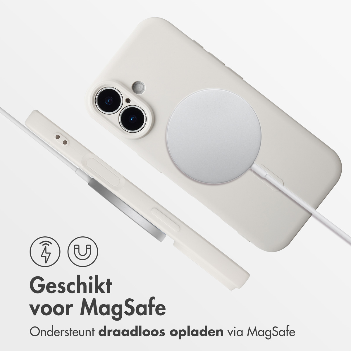 Een witte telefoonhoes met MagSafe-oplader aangesloten. Tekst: 'Geschikt voor MagSafe' en 'Ondersteunt draadloos opladen via MagSafe'.