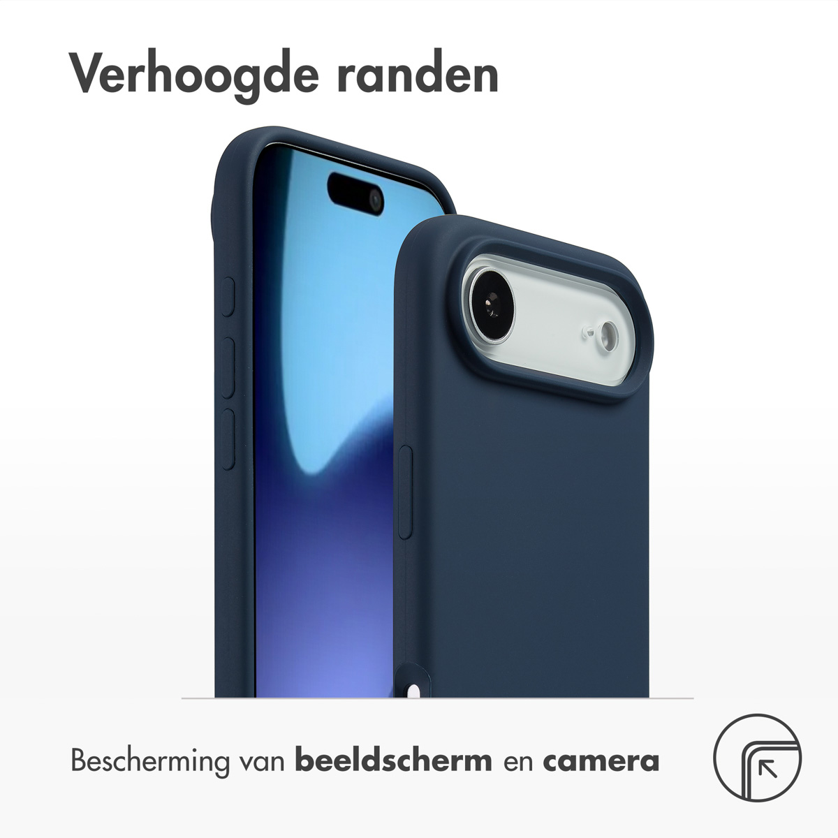 Deux coques de téléphone bleu marine, une avec le téléphone à l'intérieur. Texte : Verhoogde randen. Bescherming van beeldscherm en camera.