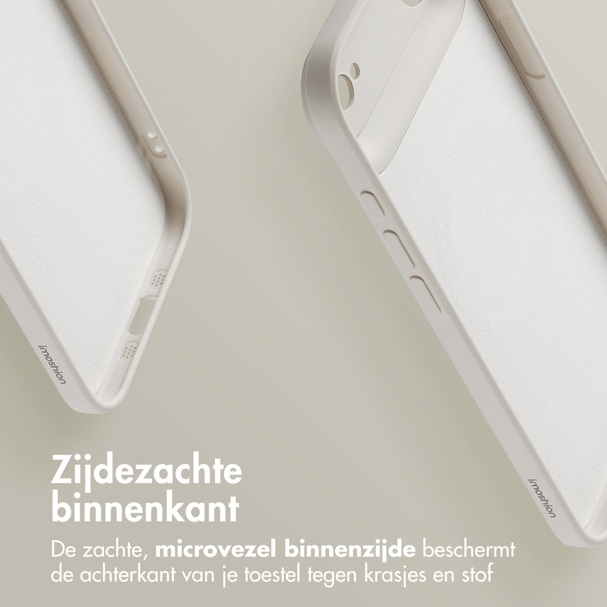 Deux coques de téléphone ouvertes, intérieur blanc, extérieur gris clair, sur fond marron clair. Texte : L'intérieur doux protège.