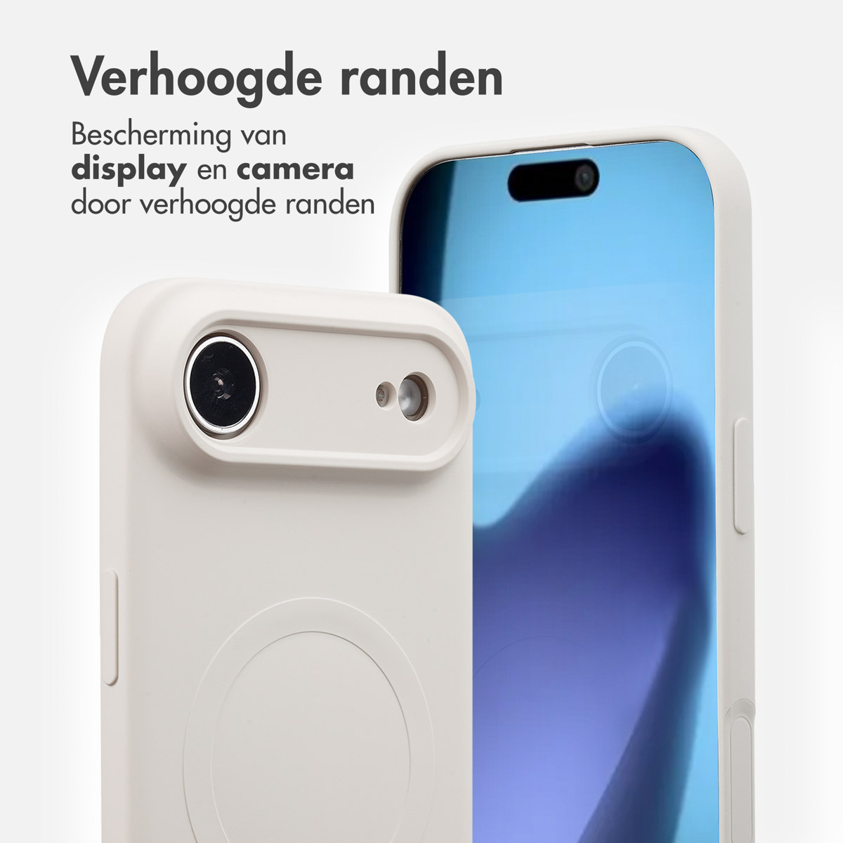 Deux smartphones avec des étuis blancs. Un gros plan montre les détails de l'appareil photo, l'autre écran est bleu. Texte : « Bords relevés ».
