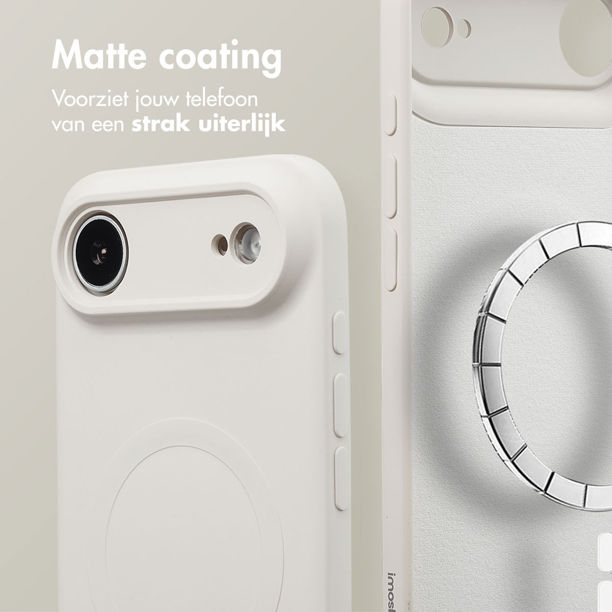 Gros plan sur une coque de téléphone blanche avec caméra et anneau magnétique. Texte : 'Revêtement mat' et 'Offre à votre téléphone un look élégant'.