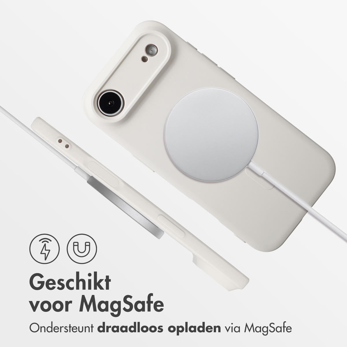 Coque de téléphone blanche avec chargeur MagSafe. Texte : Convient pour MagSafe et prend en charge la charge sans fil via MagSafe.