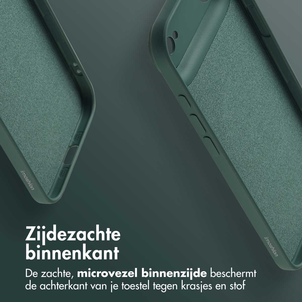 Deux coques de téléphone vertes. L'une montre l'intérieur et l'autre l'extérieur. Le texte dit 'intérieur doux' et 'protège des rayures et de la poussière'.