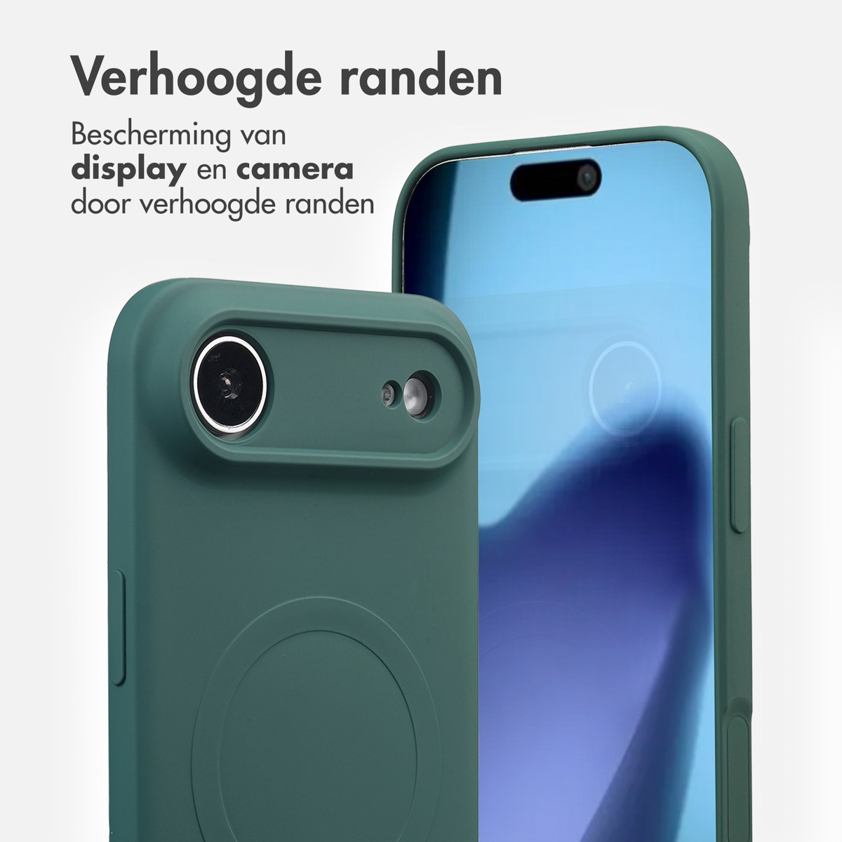 Deux coques de téléphone vertes. Une en focus, avec objectif de caméra. L'autre téléphone est derrière, avec un écran bleu.