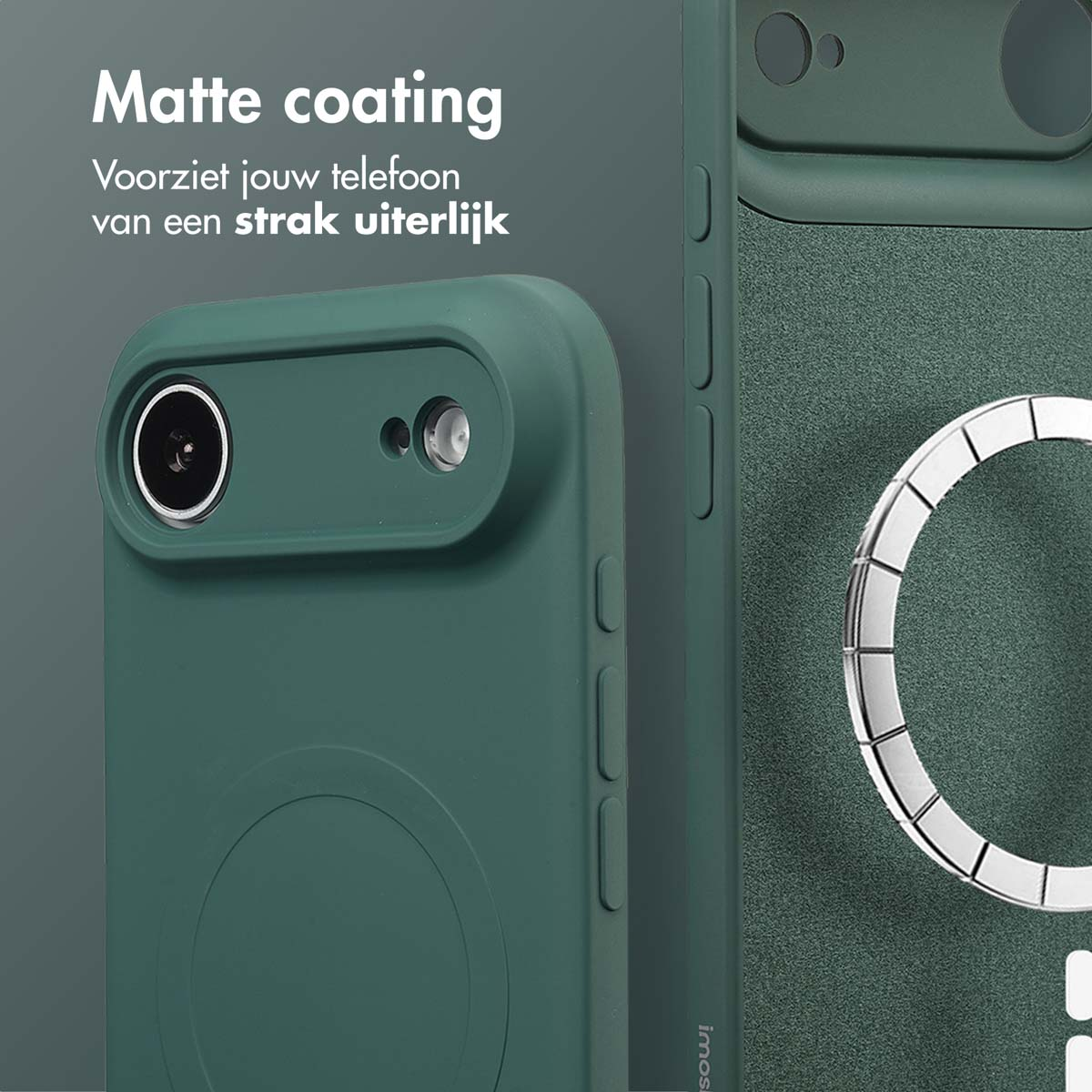 Coques de téléphone vertes avec revêtement mat. Une coque est à gauche, une autre à droite avec un anneau argenté.