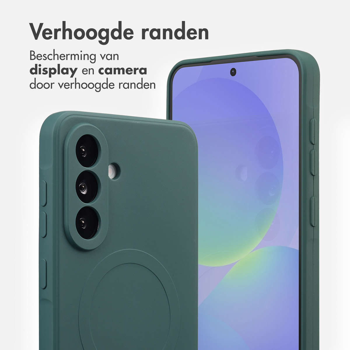 Deux coques de téléphone vertes, une avec la caméra visible, l'autre avec l'écran. Texte en haut à gauche. Fond blanc.