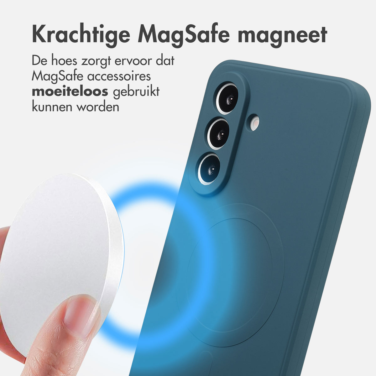 Een telefoonhoesje en een witte magnetische schijf. De telefoonhoes is blauwgroen. Blauwe lijnen geven magnetische kracht aan. Tekst: MagSafe-magneet.