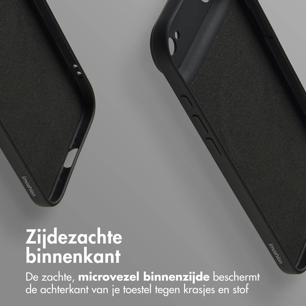 Deux coques de téléphone noires, une ouverte, montrant l'intérieur doux. Texte: 'L'intérieur en microfibre protège l'arrière contre les rayures et la poussière'.