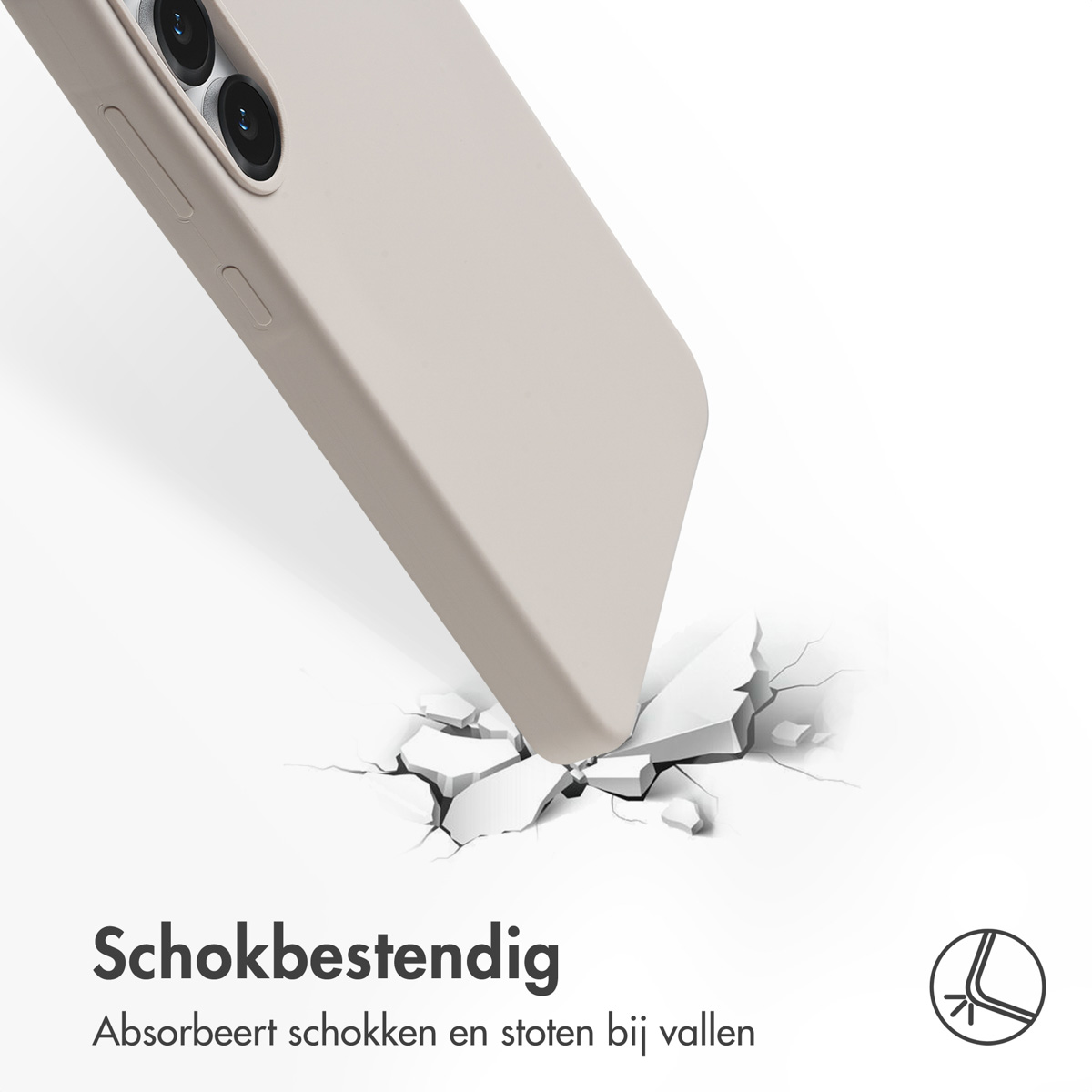 Een telefoonhoesje breekt een oppervlak. De hoes is lichtbeige. Tekst zegt 'Schokbestendig', absorbeert schokken en stoten bij impact.