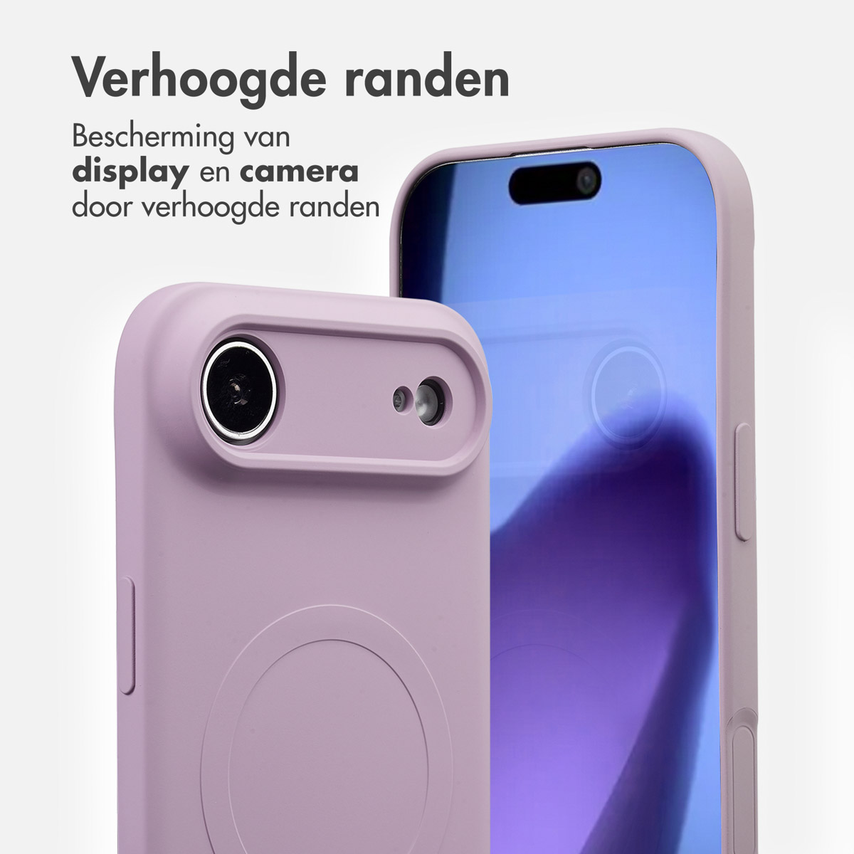 Deux coques de téléphone, une avec objectif d'appareil photo. Les deux sont violet clair. Les écrans sont visibles.