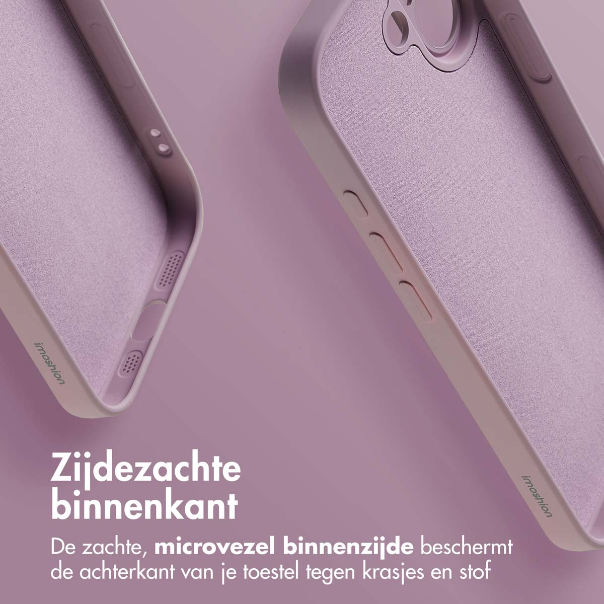 Close-up van twee telefoonhoesjes. De hoesjes zijn paars, met een zacht interieur. De achtergrond is een paarse gradiënt.