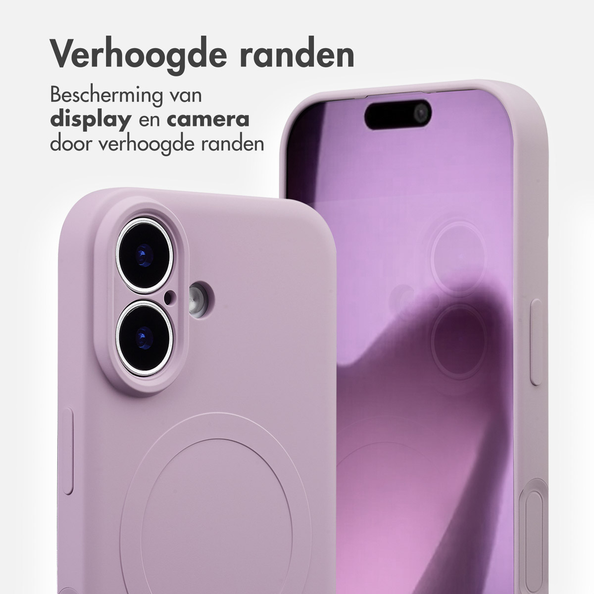 Twee paarse telefoonhoesjes. Eén toont cameralenzen, de andere een telefoonscherm. Tekst luidt 'Verhoogde randen' en 'display en camera'.