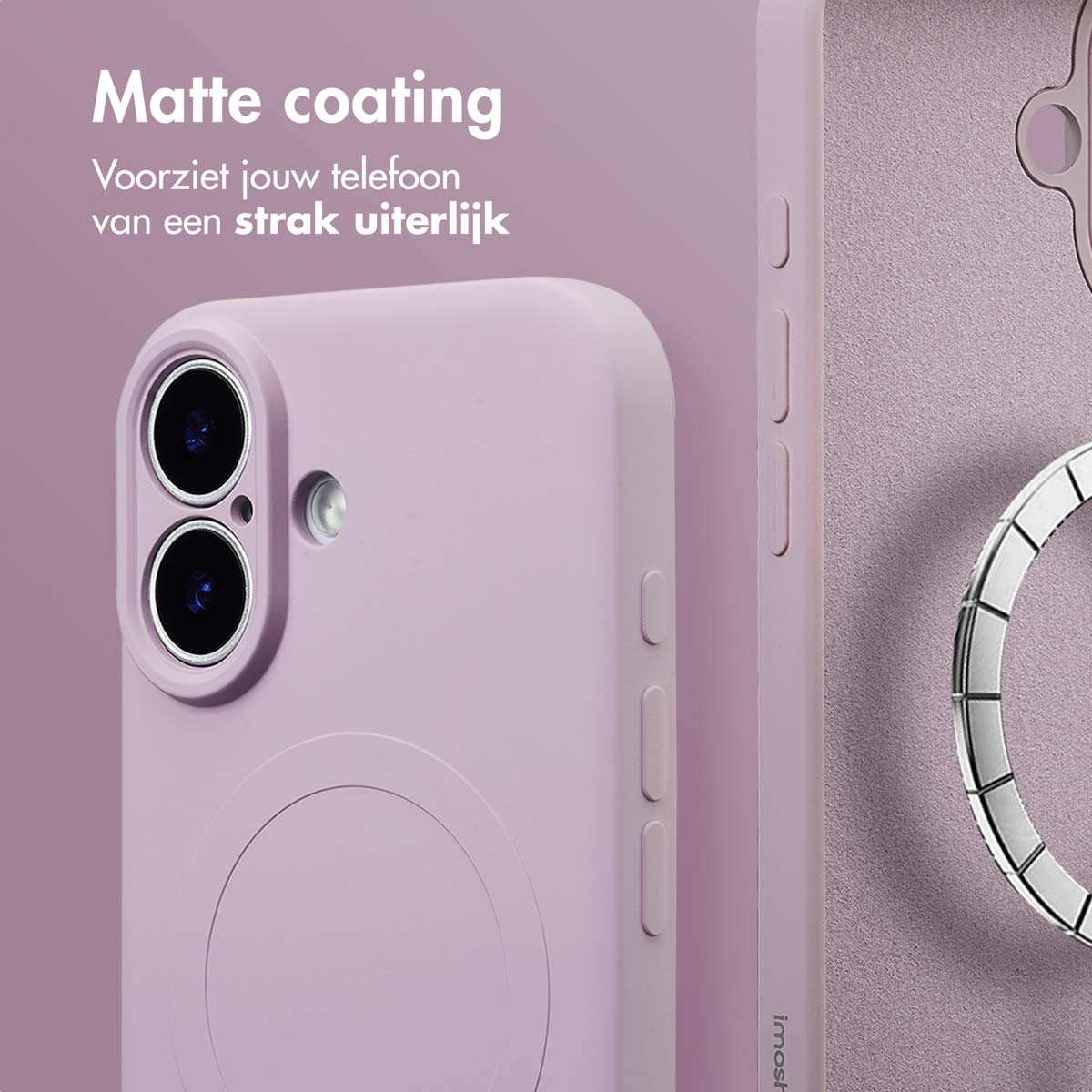 Een close-up van een lila telefoonhoesje met matte coating. De hoes heeft een uitsparing voor de camera, zijknoppen en een zilveren ring.