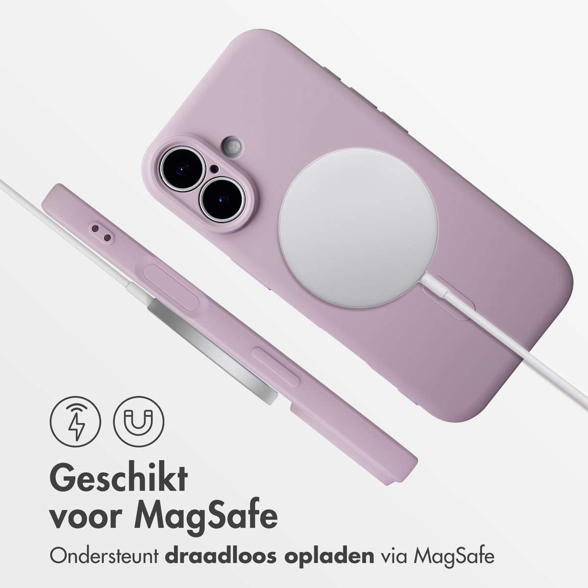 Een paarse telefoonhoes met een MagSafe-oplader. Een witte kabel verbindt de oplader met de telefoonhoes. Tekst: 'Geschikt voor MagSafe'.