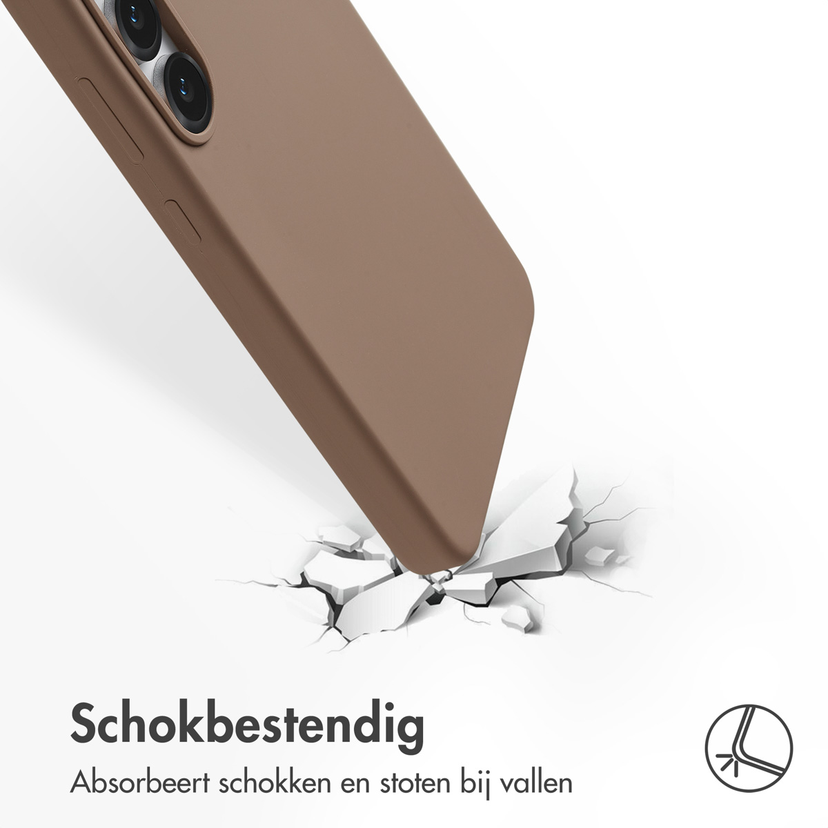 Une coque de téléphone marron brise une surface blanche, créant des fissures. La caméra du téléphone est visible. Le texte dit 'Antichoc'.