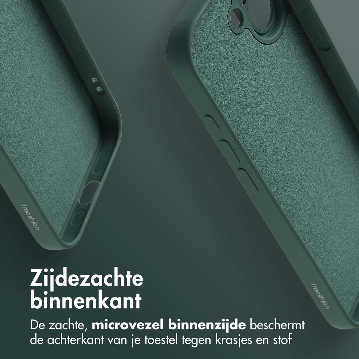 Close-up van twee groene telefoonhoesjes. De hoesjes hebben een zachte microvezel binnenlaag ter bescherming tegen krassen en stof.