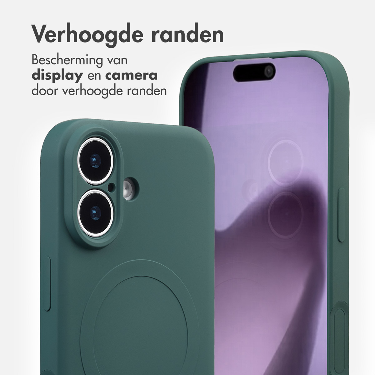 Twee groene telefoonhoesjes. Eén vooraan met cameralenzen, de andere achteraan met een paars scherm. Tekst: Verhoogde randen.