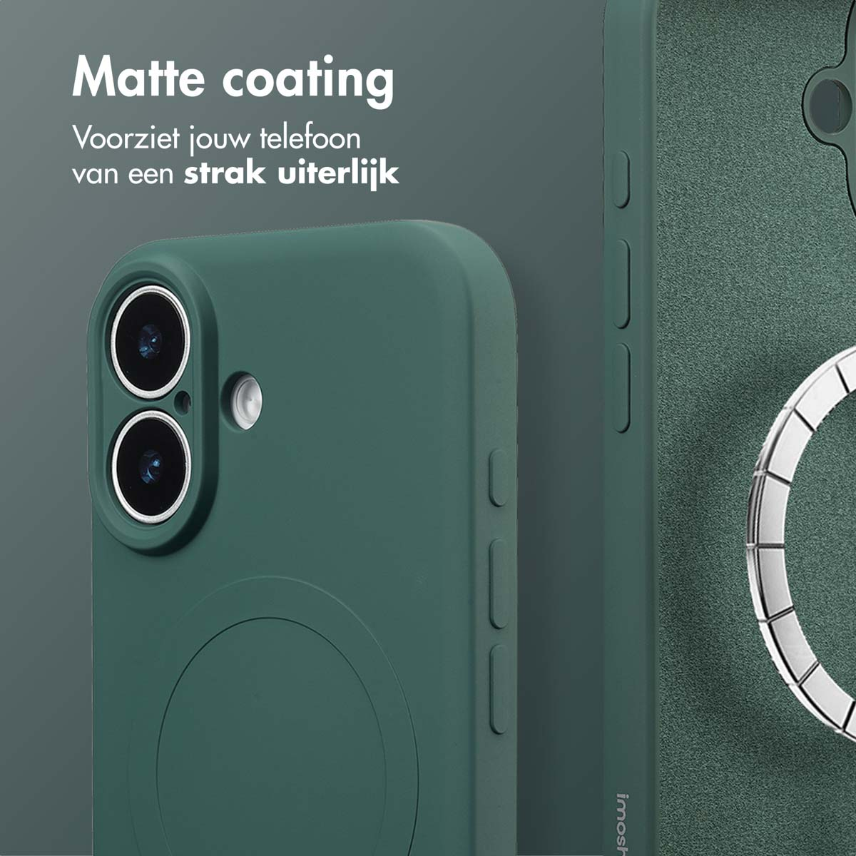 Groene telefoonhoes met matte coating. Twee cameralenzen en een cirkelvormige ringhouder zijn zichtbaar. Tekst: 'Matte coating'.