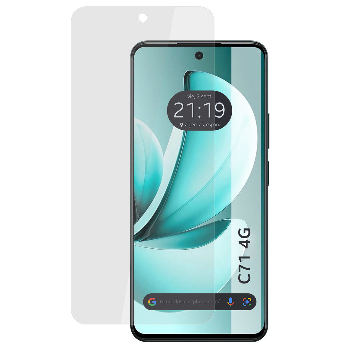 Uno smartphone con protezione schermo. Lo schermo mostra ora, data e posizione. Il telefono è etichettato C71 4G.