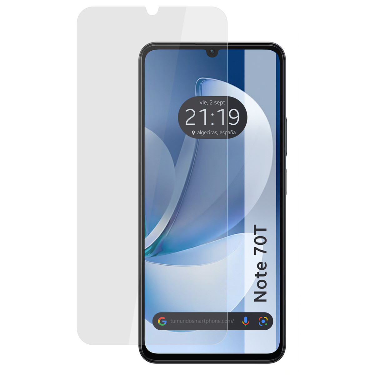 Uno smartphone con protezione schermo. Lo schermo mostra l'ora, la data e il luogo. Il telefono è etichettato Note 70T.