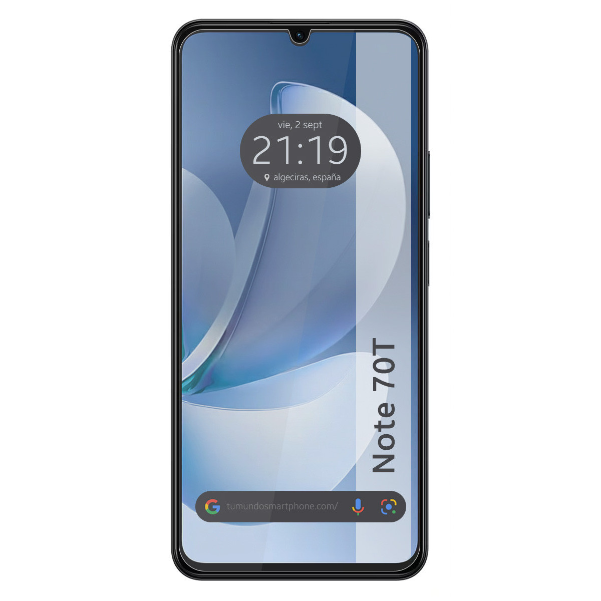 Lo schermo di uno smartphone mostra ora, data e posizione. Il telefono è nero con la scritta Note 70T sul lato.