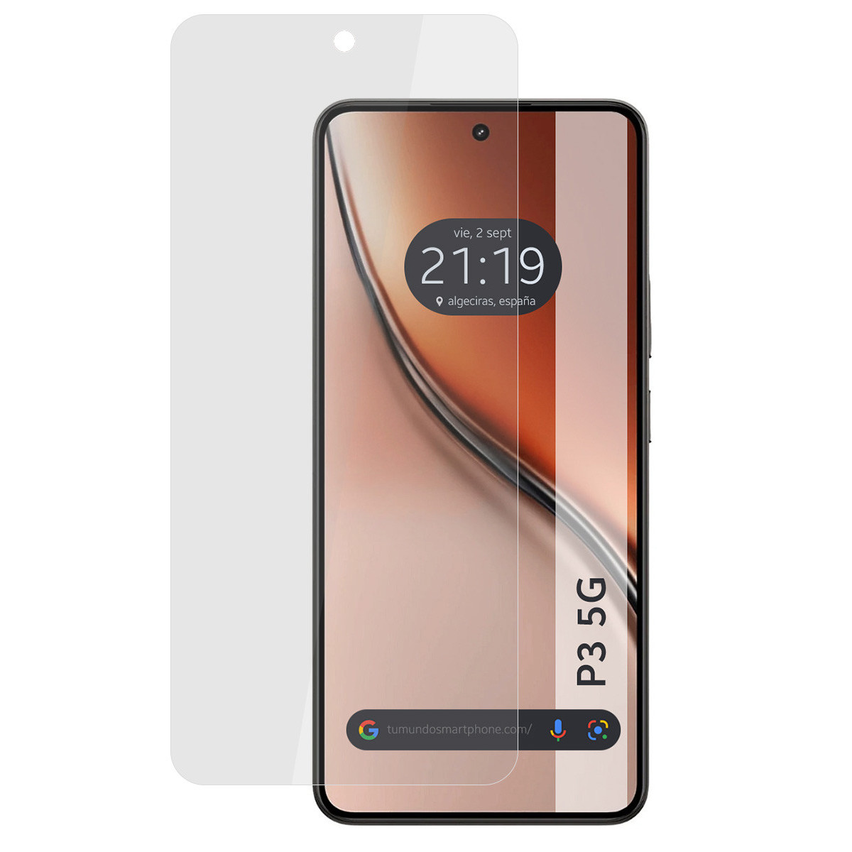 Uno smartphone con protezione schermo applicata. Il telefono mostra ora e luogo, ha un logo 5G. La protezione è trasparente.