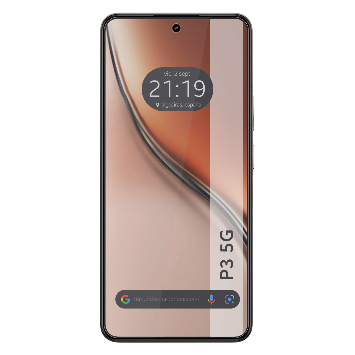 Uno schermo di smartphone mostra ora, data e posizione. Il telefono ha una cornice nera con 'P3 5G' stampato sul lato.