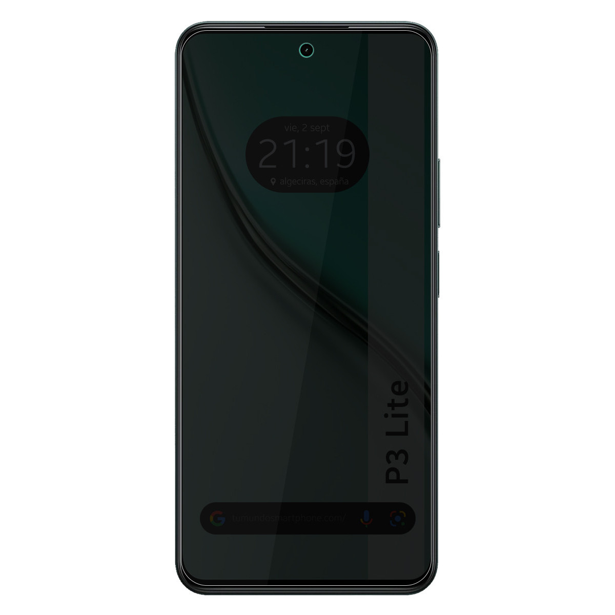 Uno schermo di smartphone mostra ora, data e posizione. Il telefono è nero con le parole P3 Lite.